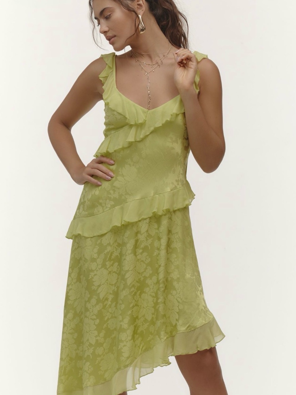 By Anthropologie V-Neck Ruffle Asymmetrical Midi Dress | Green